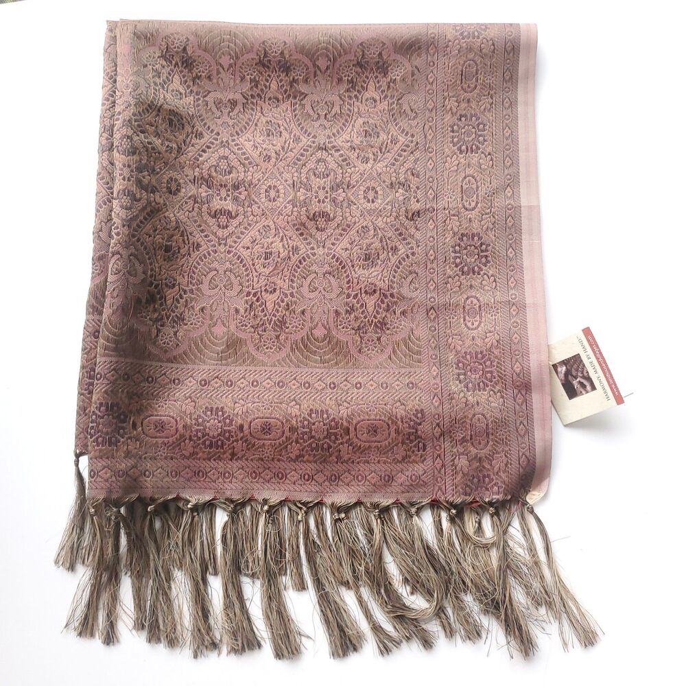 Ten Thousand Villages Brown Scrollwork Scarf Wrap 78x22 CRC Fair Trade Viscose